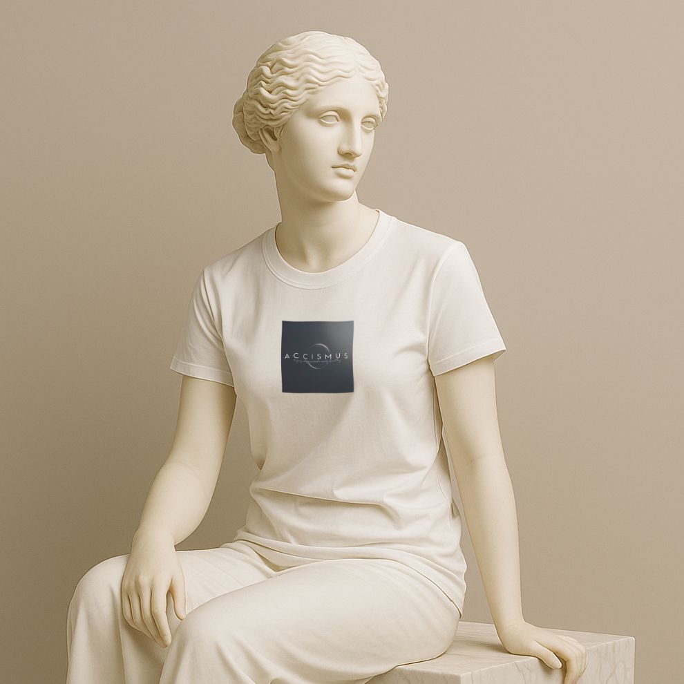 Statue wearing a white t-shirt with design of the word “Accismus” and definition “Feigning indifference toward a secretly desired thing” on a beige background