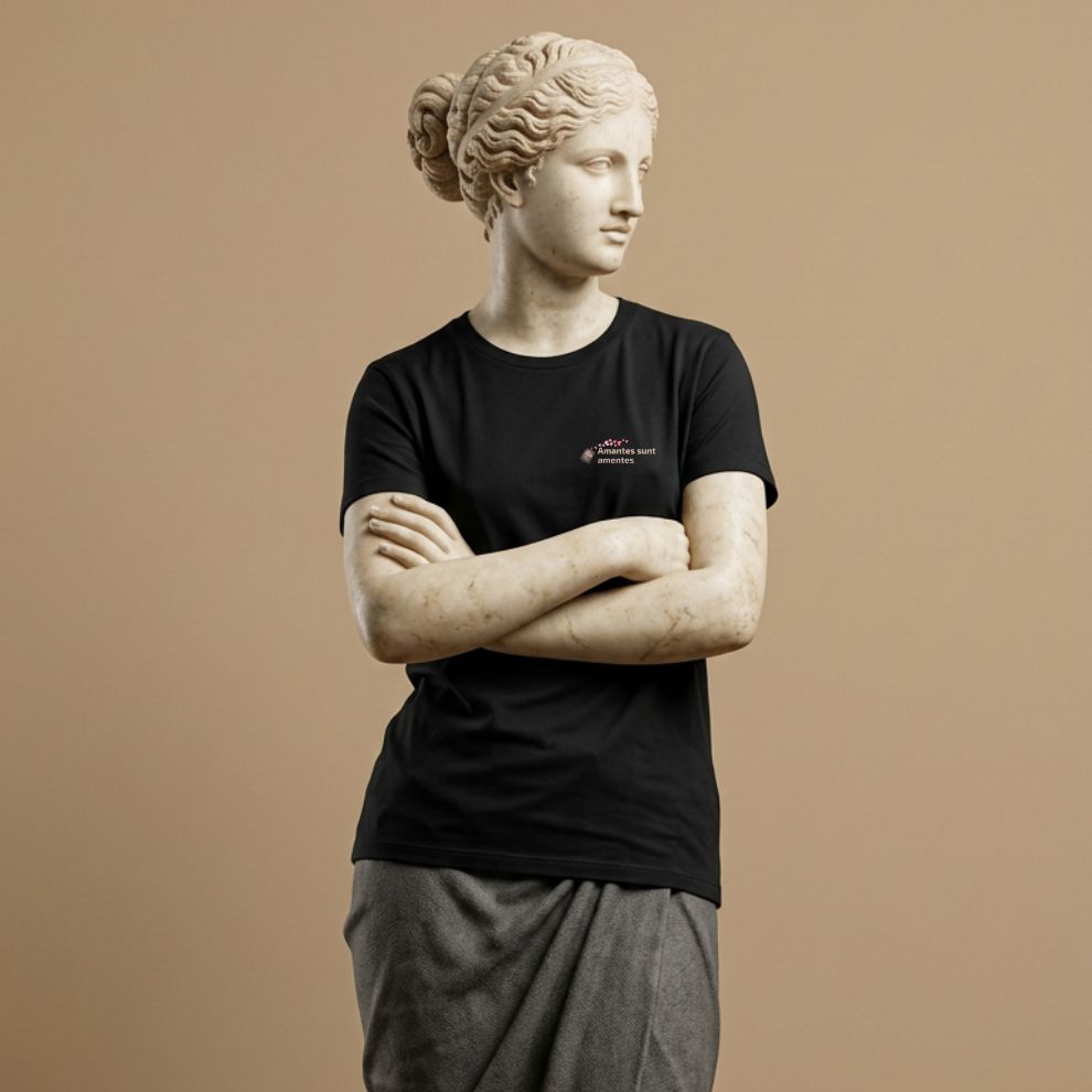 Statue wearing a black t-shirt with a Latin phrase "Amantes sunt amentes"  and small graphic of hearts on a beige background