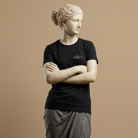 Statue wearing a black t-shirt with a Latin phrase "Amantes sunt amentes"  and small graphic of hearts on a beige background