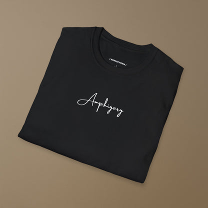 Folded black T-shirt with 'Amphigory' text on a brown background