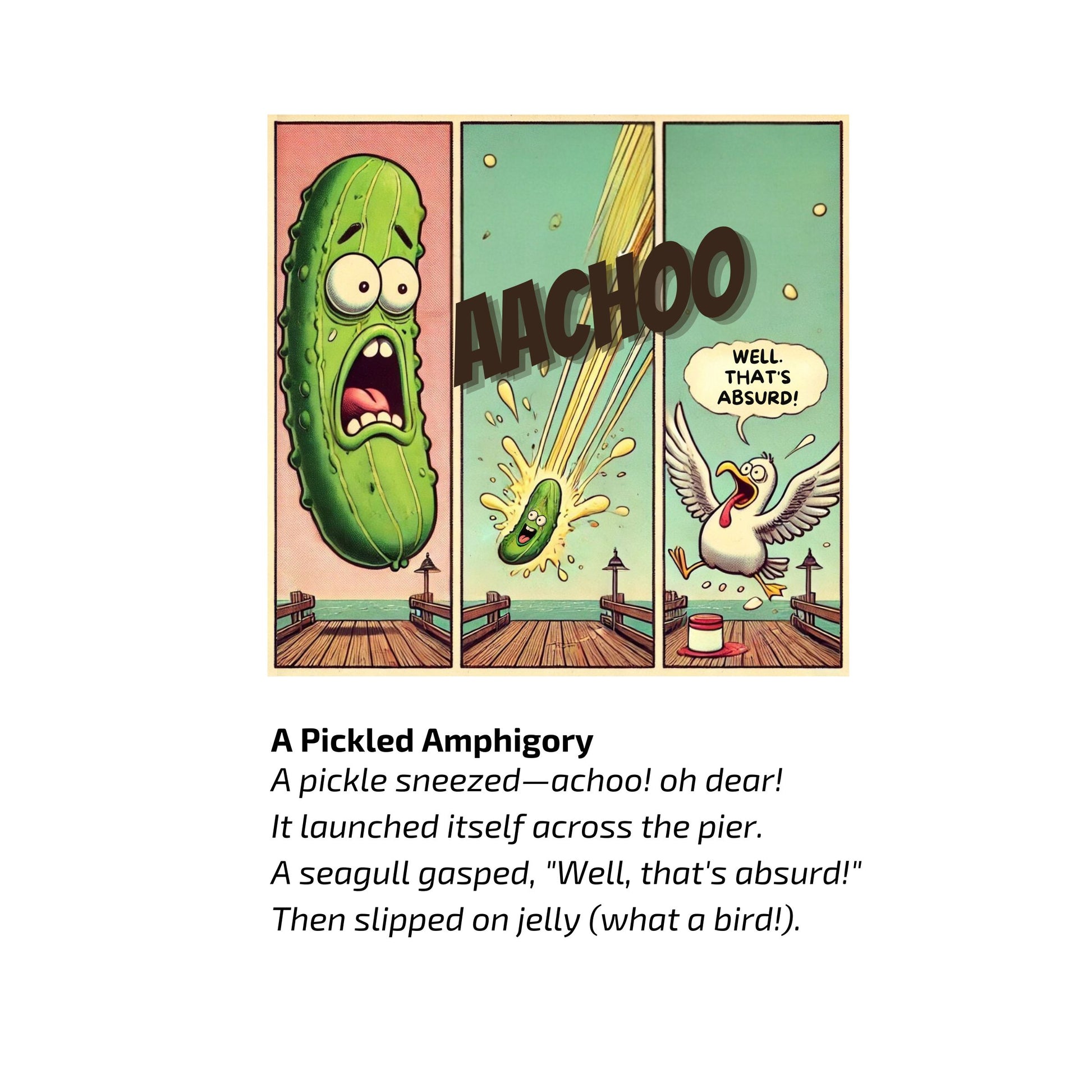 Enlarged design for  T-shirt (back side) with a comic strip of a pickle sneezing and a seagull reacting with 'Aachoo' and 'Well, that's absurd!' and short poem below