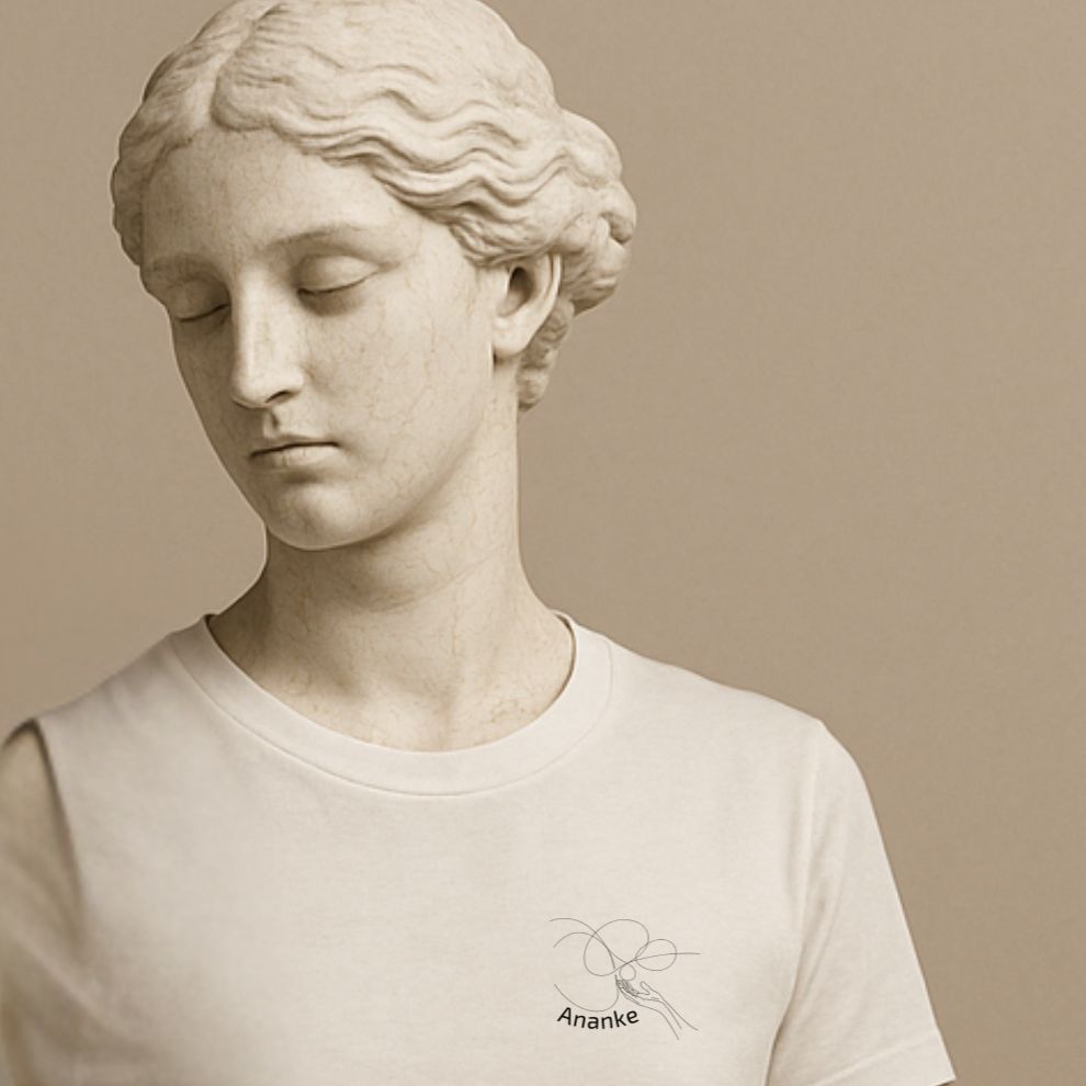 Unisex minimalist t-shirt with the ancient greek word “Ananke” in soft white cotton on the statue