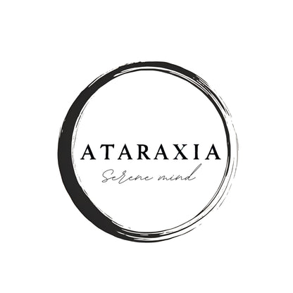 Enlarged design of unisex minimalist t-shirt with the ancient greek word  “Ataraxia”