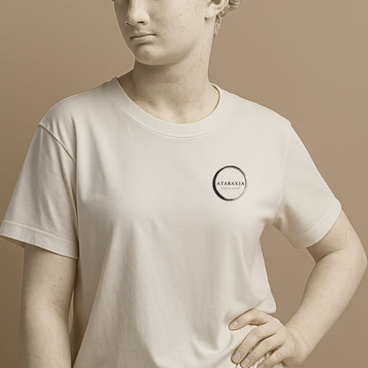 Unisex minimalist t-shirt with the ancient greek word “Ataraxia” in soft white cotton on the statue