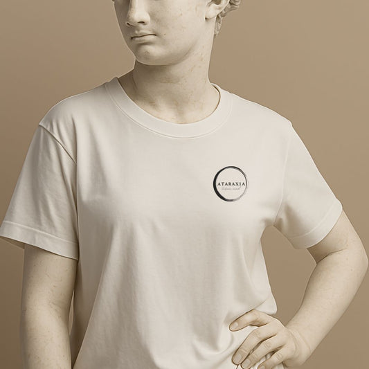 Unisex minimalist t-shirt with the ancient greek word “Ataraxia” in soft white cotton on the statue