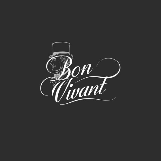 Logo of 'Bon Vivant' with a silhouette of a person wearing a top hat on a black background. Enlarged design for a T-shirt