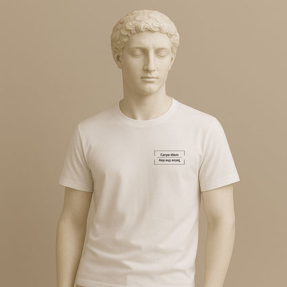 Statue wearing a white t-shirt with the Latin phrase “Carpe diem,” meaning “Seize the day,” printed in clean modern typography on a beige background