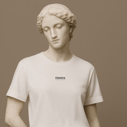 Statue wearing a white t-shirt with 'Classics' text on a beige background