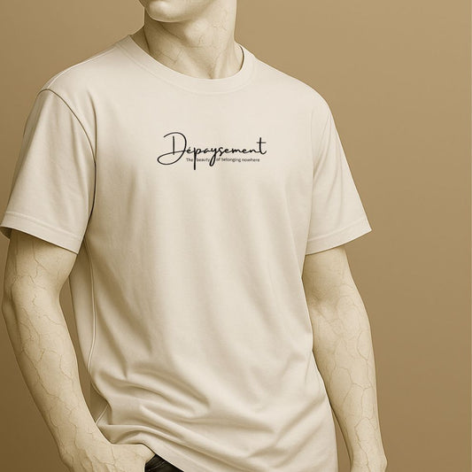 Statue wearing a white t-shirt with with the French word Dépaysement printed in elegant typography on a beige background
