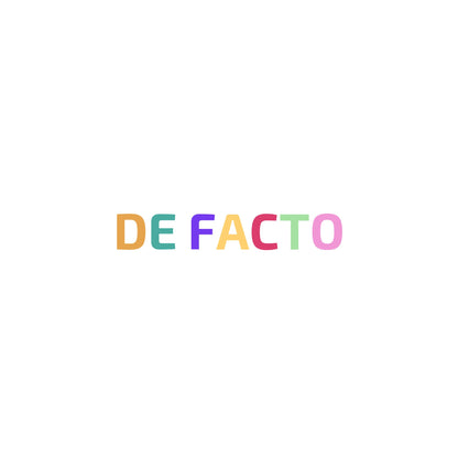 Colorful 'DE FACTO' text on a white background. Enlarged design for a minimalist t-shirt