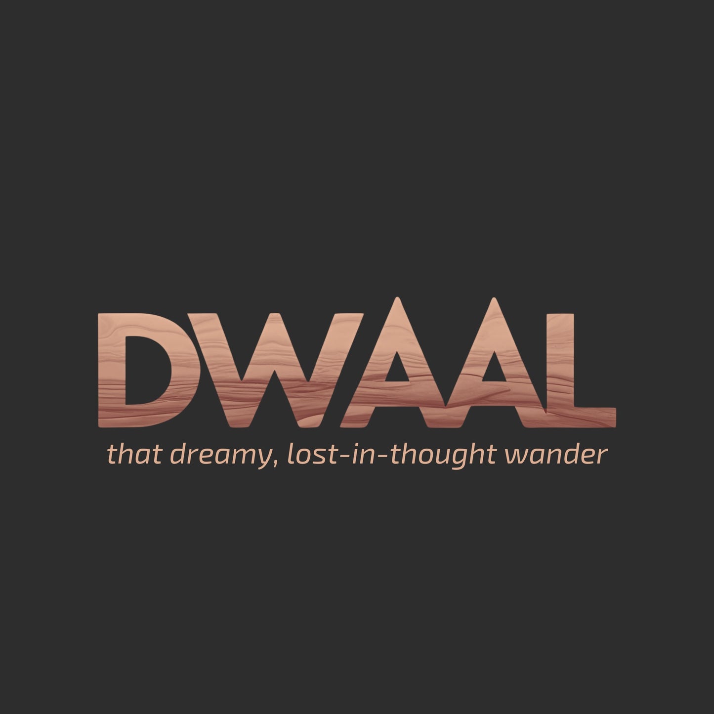 Wooden-textured 'DWAAL' logo with tagline on a black background. Enlarged design for a T-shirt in black color