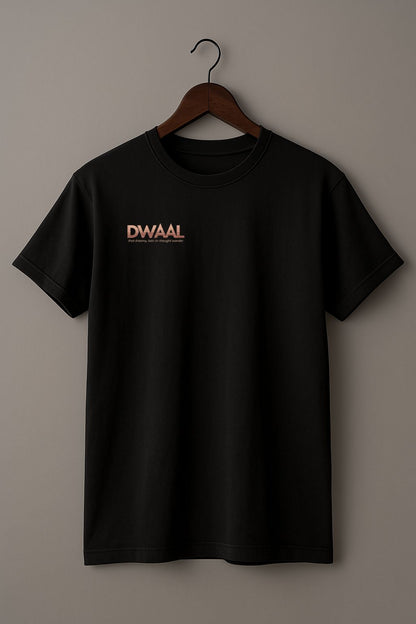 Black t-shirt with 'DWAAL' logo on a wooden hanger against a plain background