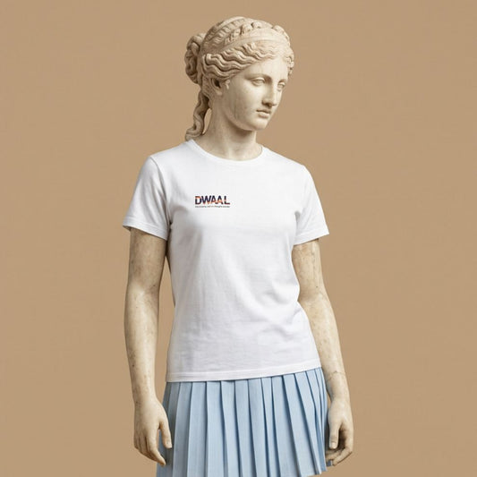 Statue wearing white T-shirt with a colorful text 'DWAAL' on a white background with descriptive text below "that dreamy, lost-in-thought wander"