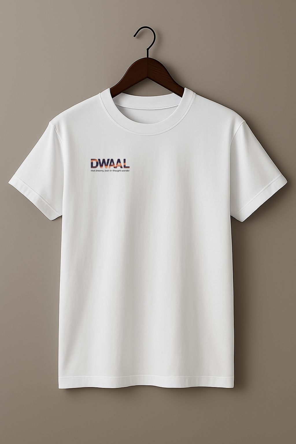 White t-shirt with 'DWAAL' logo on a hanger against a beige background