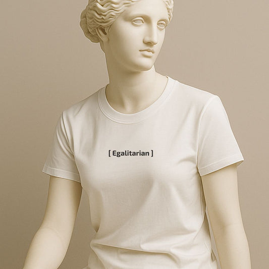 Statue wearing a white t-shirt with 'Egalitarian' text in black brackets on a beige background 