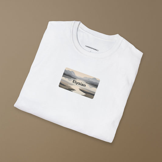 Unisex folded t-shirt with the word “Elysian” in soft white cotton