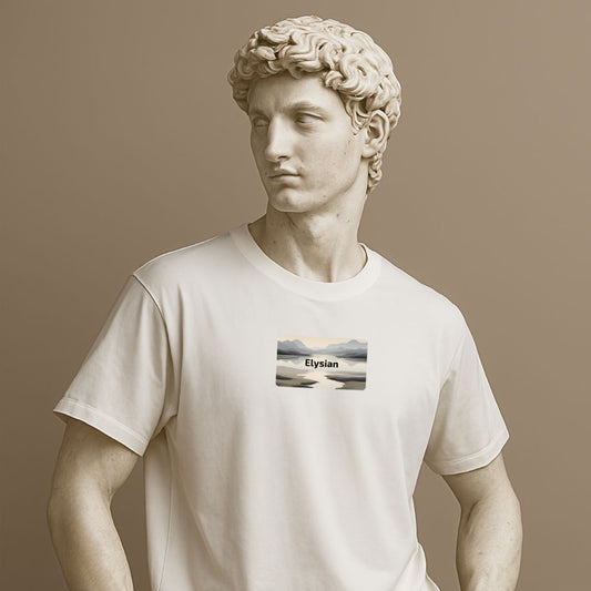 Unisex minimalist t-shirt with the ancient greek word “Elysian” in soft white cotton on the statue