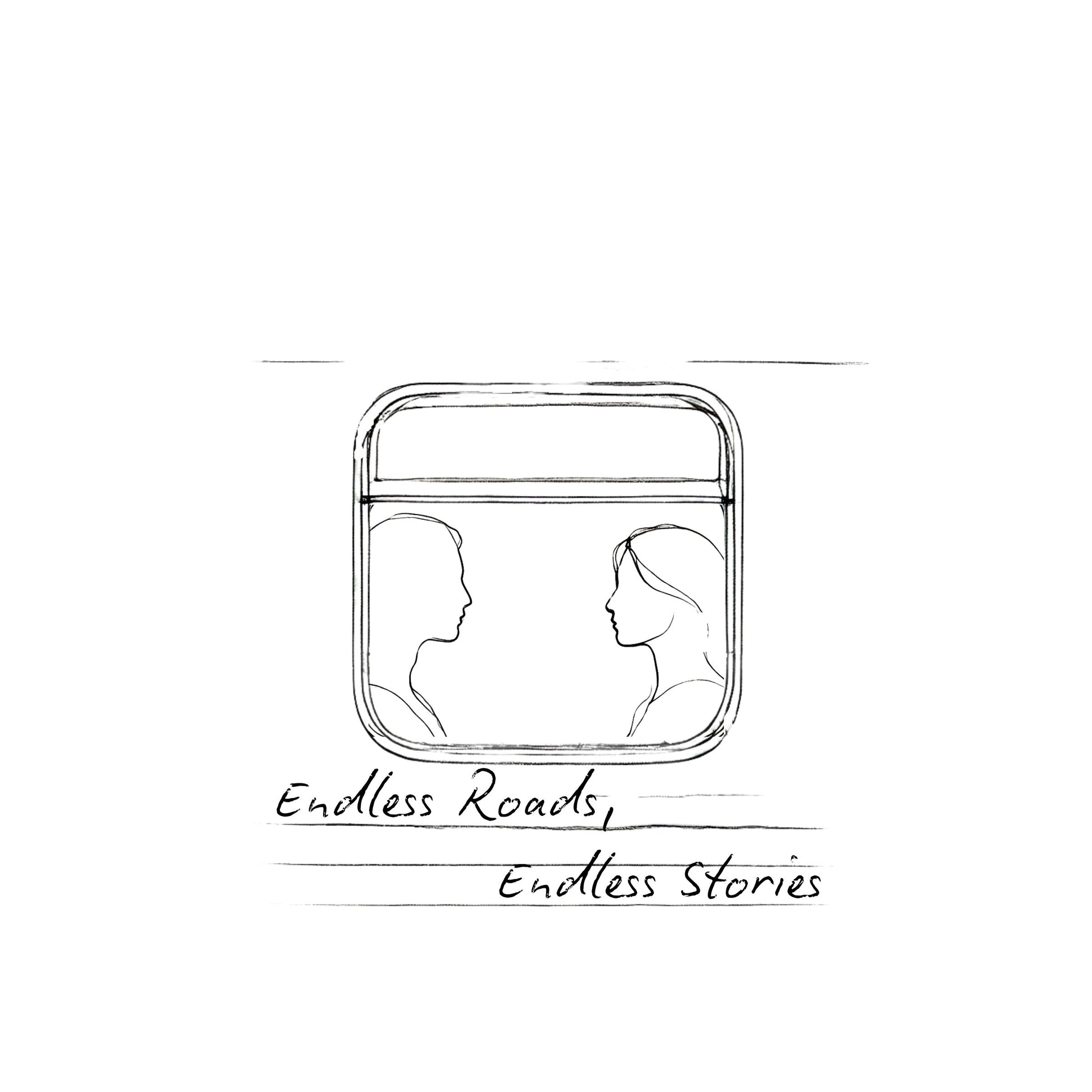 Graphic minimalist design of a train window with 2 silhouettes and handwritten text "Endless Roads, Endless Stories". Enlarged design for a minimalist t-shirt