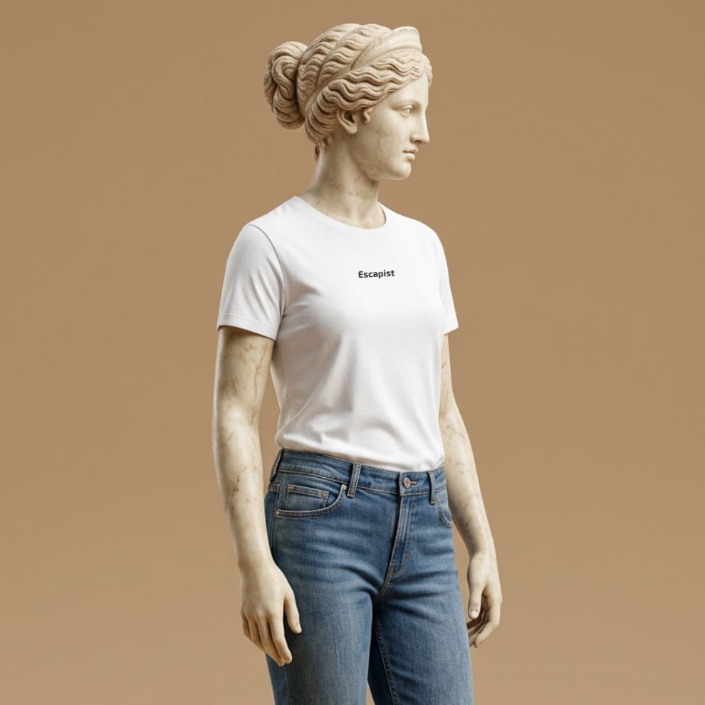 Statue wearing a white t-shirt with 'Escapist' text on a beige background
