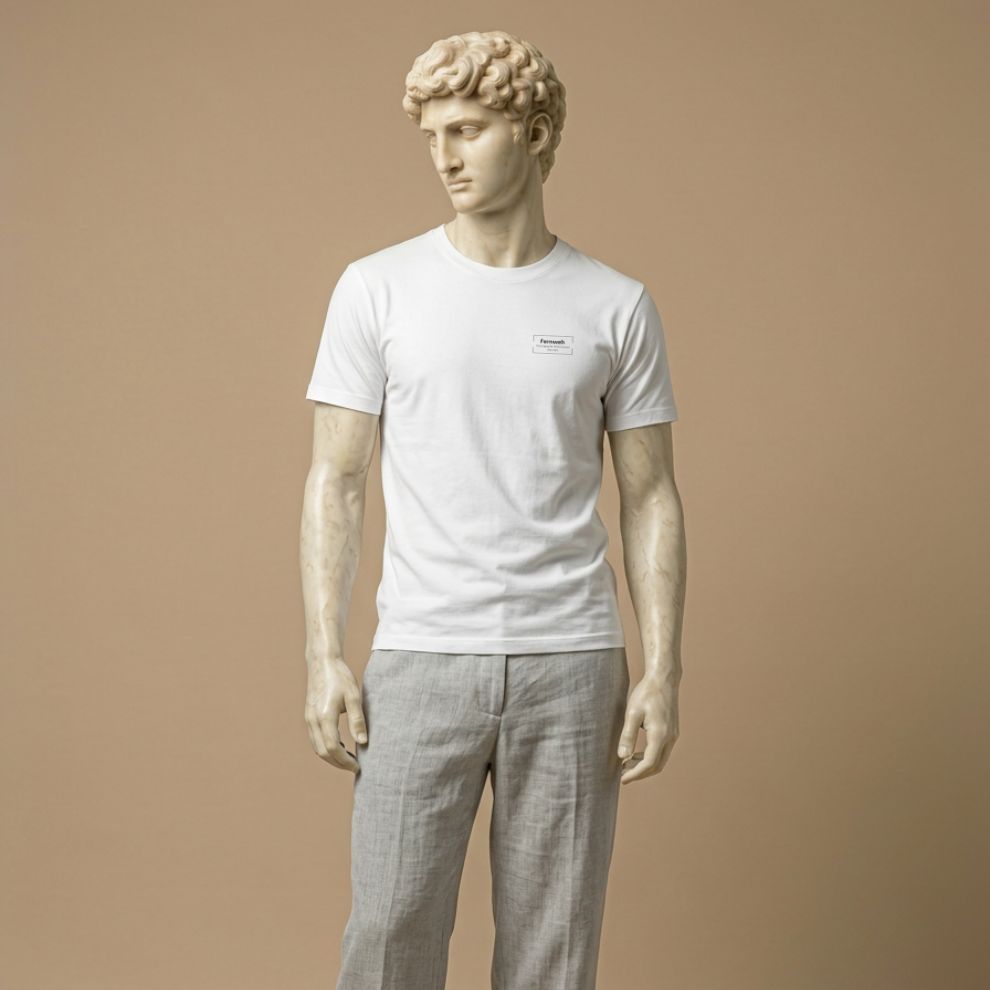 Roman statue wearing white t-shirt with graphic design of the word "Fernweh" and phrase "The longing for distant Places"