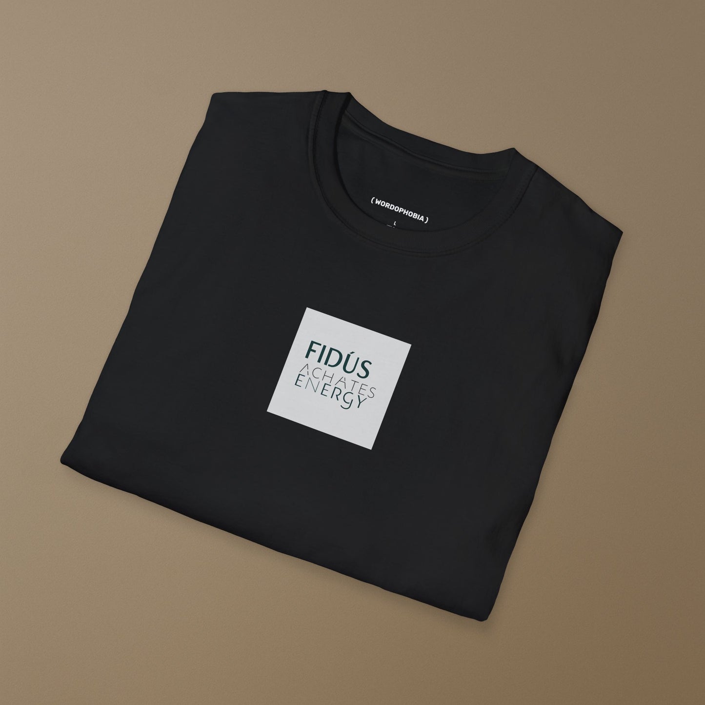 Folded Black t-shirt with the Latin phrase Fidus Achates Energy, symbolizing loyalty and a faithful companion, on a beige background