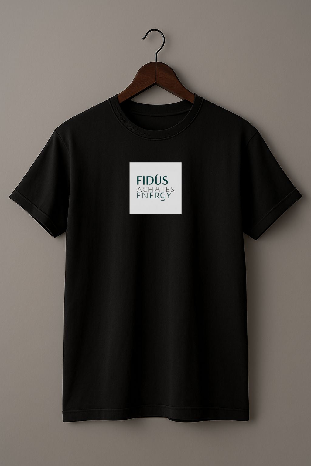 Black t-shirt with the Latin phrase Fidus Achates Energy, symbolizing loyalty and a faithful companion, on a hanger against a beige background