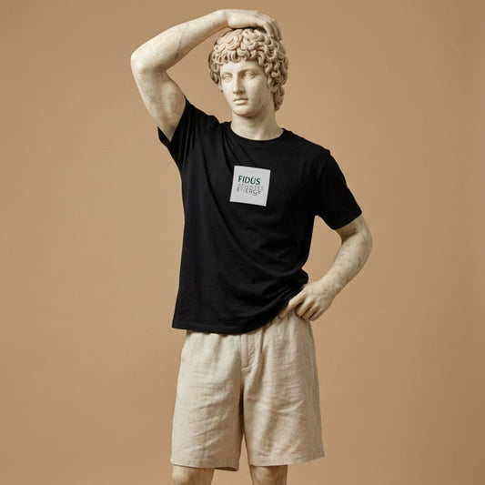 Statue wearing black T-shirt with the Latin phrase Fidus Achates Energy, symbolizing loyalty and a faithful companion