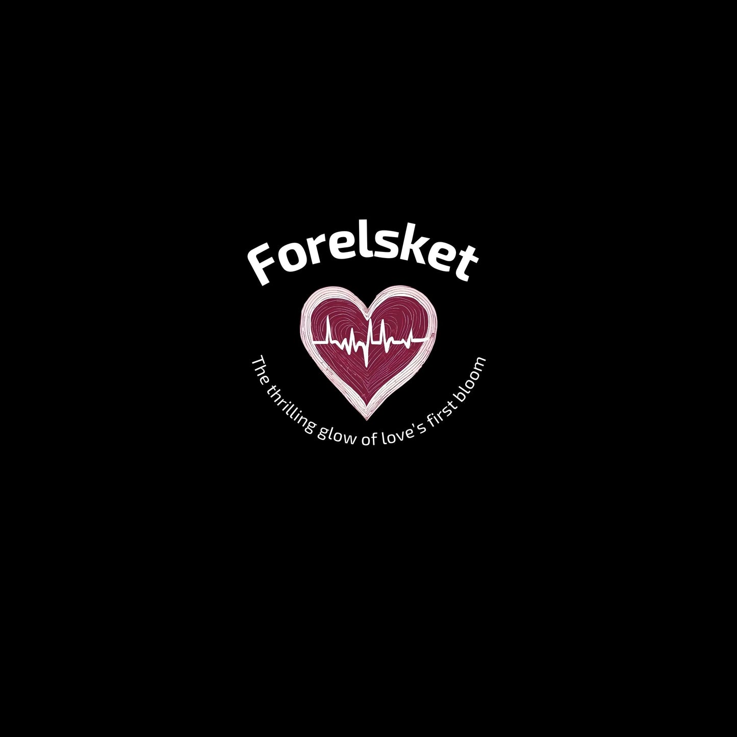 Logo with a heart with a beat and texts  "Forelsket" and "The thrilling glow of love's first bloom" on a black background. Enlarged design for T-shirt