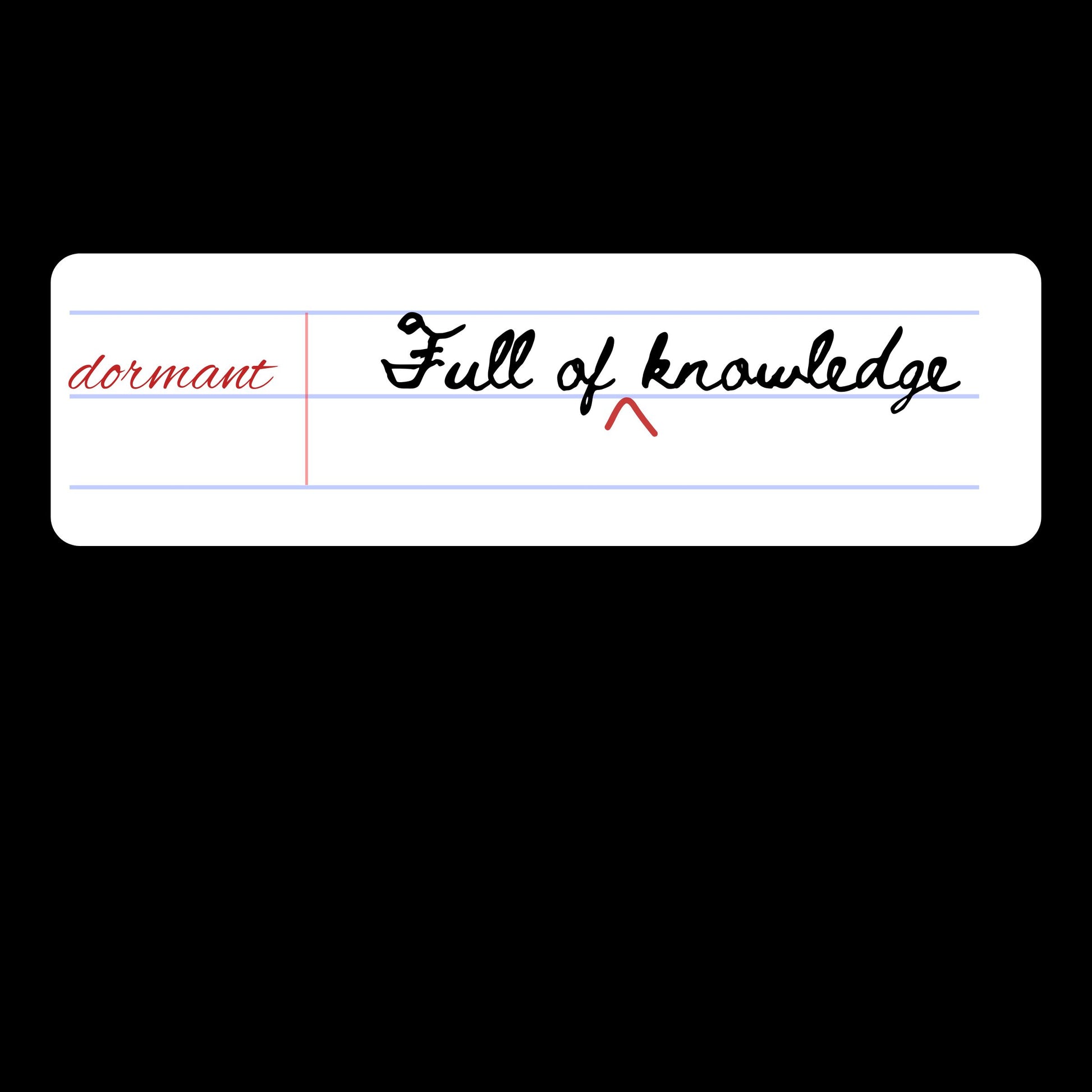 Notebook page with 'dormant'  and 'Full of knowledge' written, on a white background. Enlarged design for a minimalist T-shirt