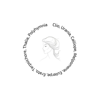 Line drawing of a classical woman's profile with Greek goddess names around her head on a white background.