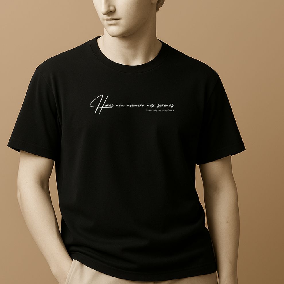 Statue in a black t-shirt with white latin phrase "Horas non numero nisi serenas" on a beige background