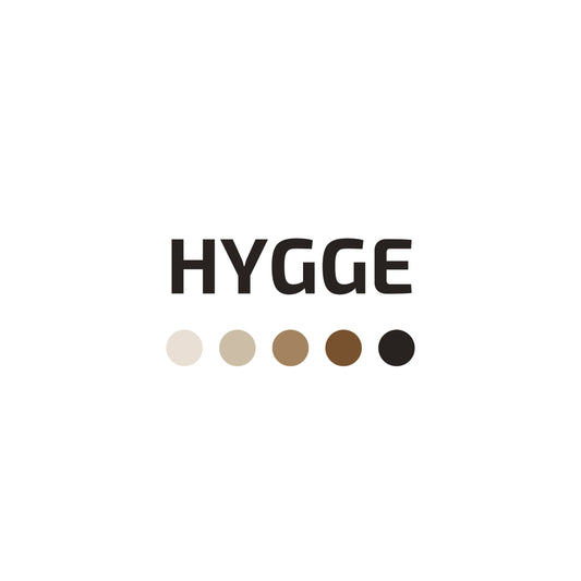 The word 'HYGGE' with color swatches below on a white background. Enlarged design for T-shirt