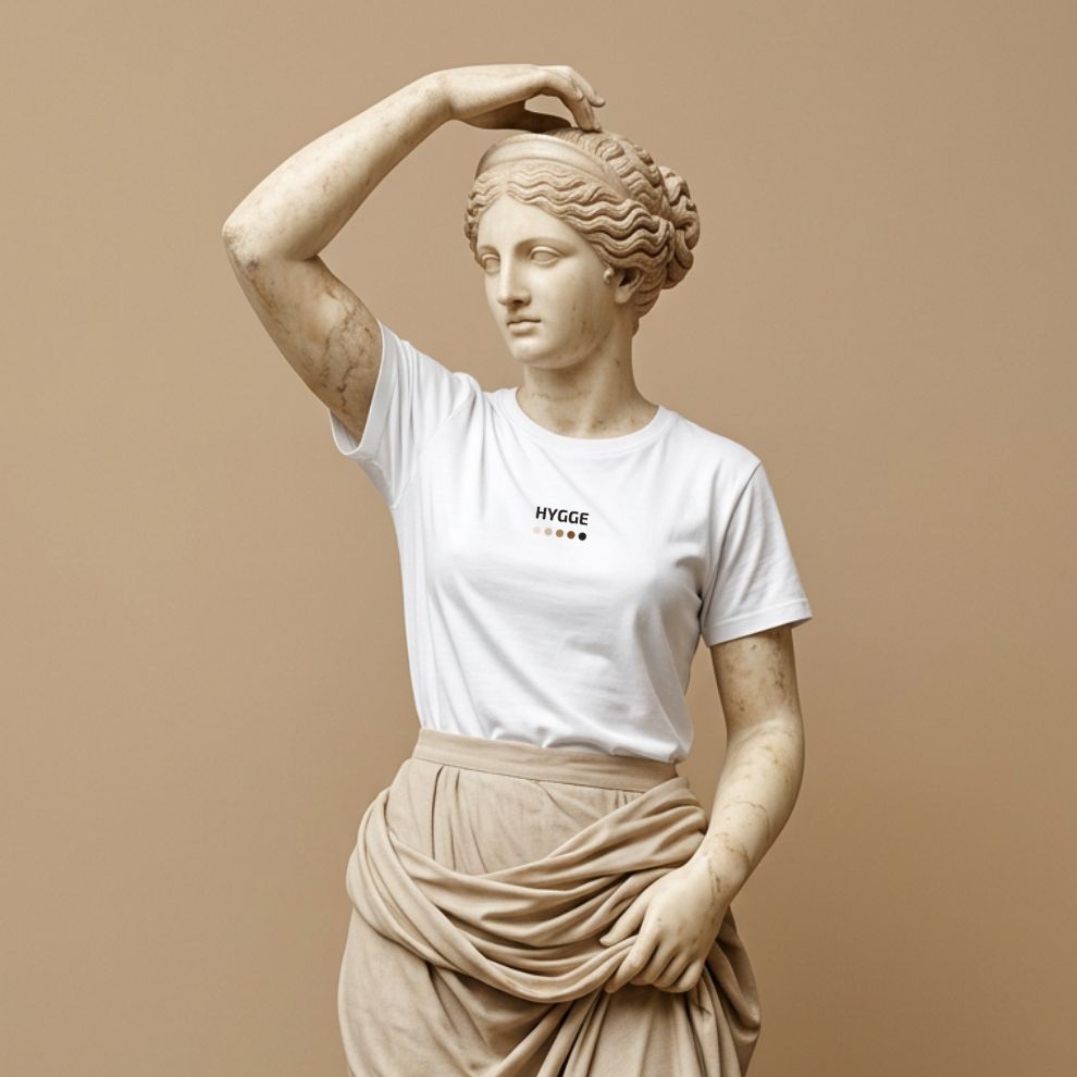 Statue wearing a white t-shirt with 'HYGGE' text on a beige background