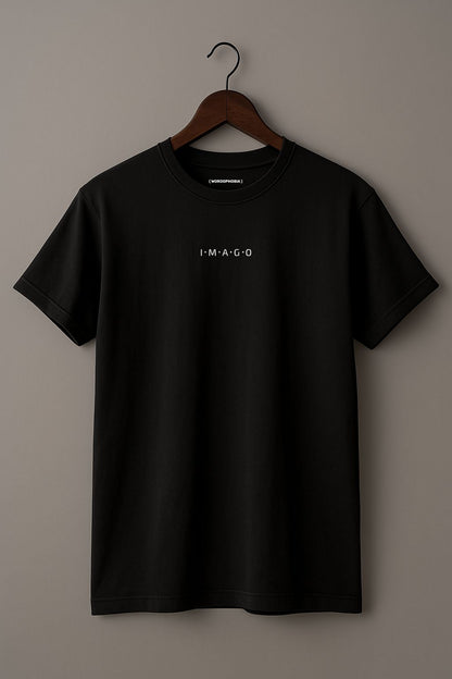 Mockup of unisex minimalist t-shirt with the word “Imago” in black color 