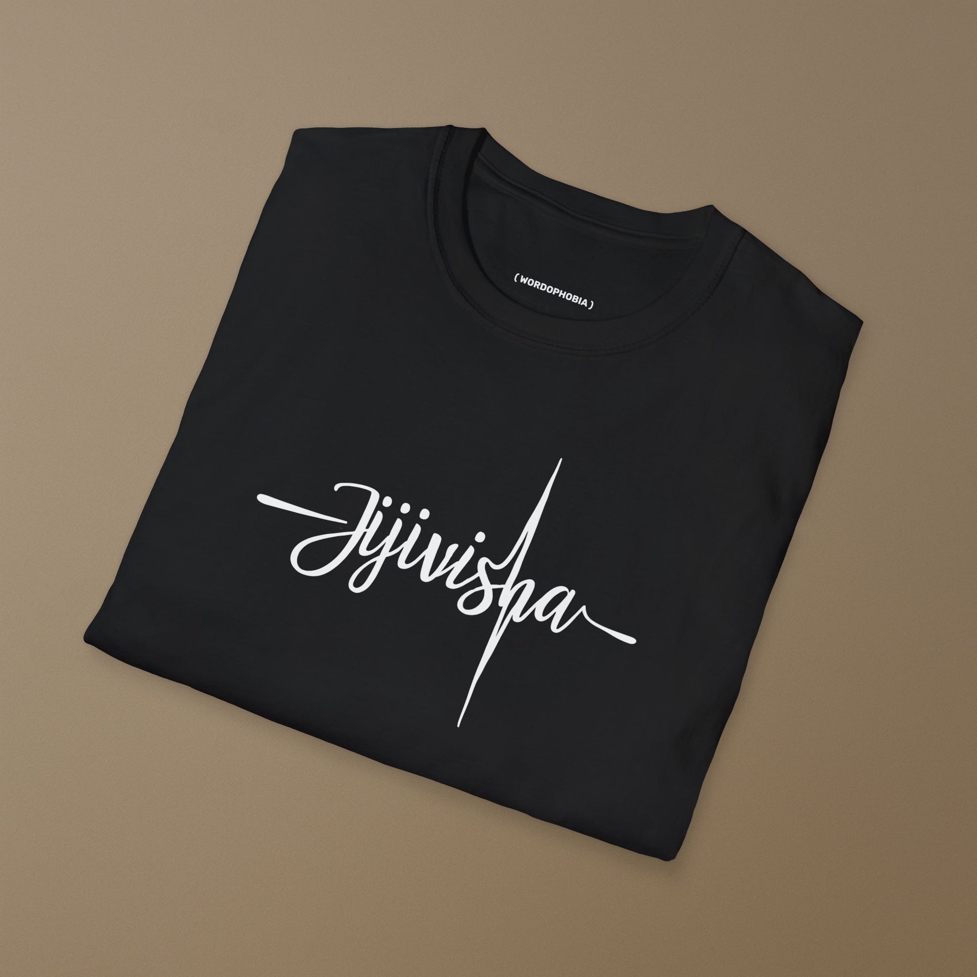 Unisex folded minimalist t-shirt with the word “Jijivisha” in black cotton