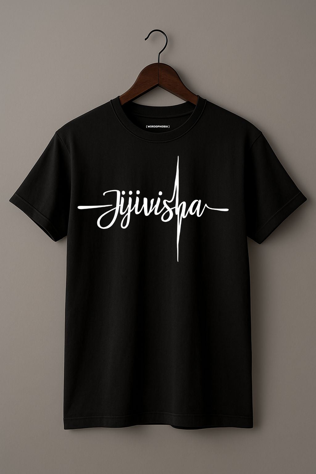 Mockup of unisex folded minimalist t-shirt with the word “Jijivisha” in black cotton