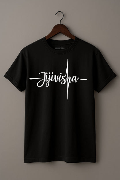 Mockup of unisex folded minimalist t-shirt with the word “Jijivisha” in black cotton
