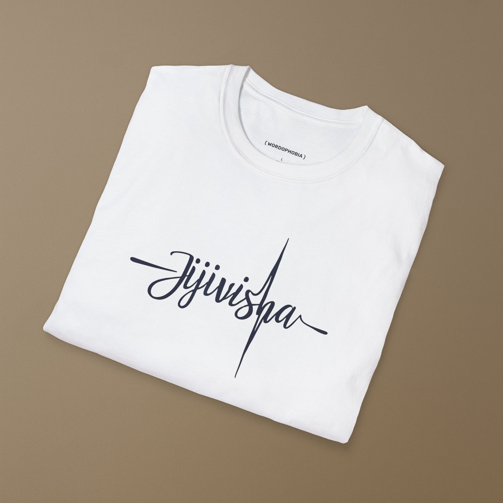 Mockup of unisex folded minimalist t-shirt with the word “Jijivisha” in white cotton