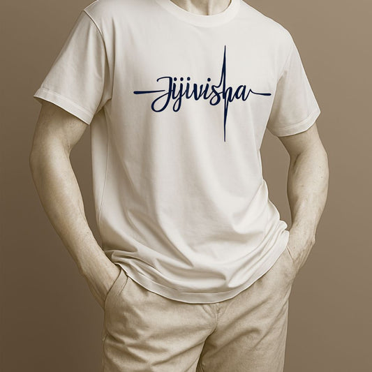 Unisex t-shirt with the word “Jijivisha,” Sanskrit for strong will to live. Minimalist design, soft cotton fabric in white on the statue.