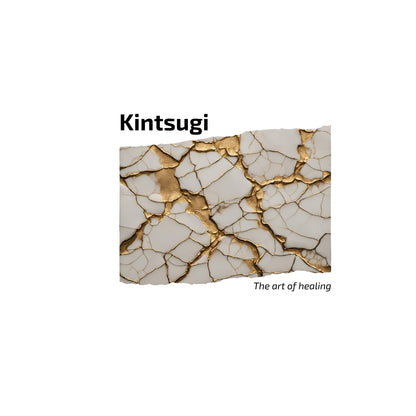 Kintsugi art with gold repair on a cracked white surface, text 'Kintsugi The art of healing' above. Enlarged design for T-shirt