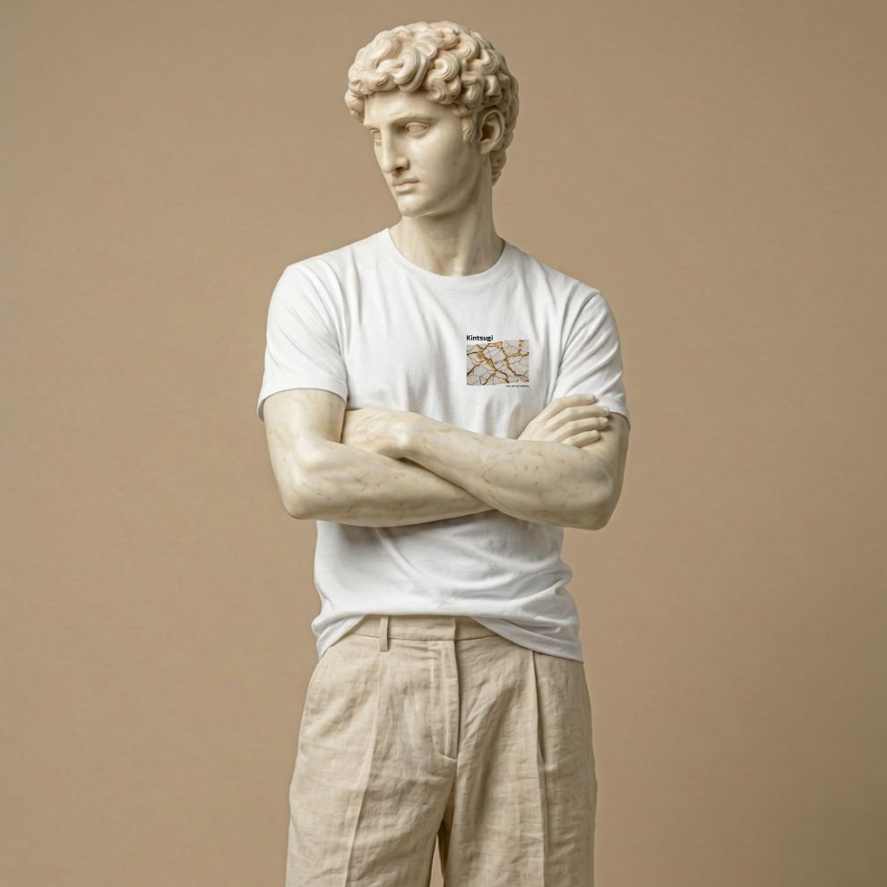 Statue wearing a white t-shirt with a graphic design on a beige background
