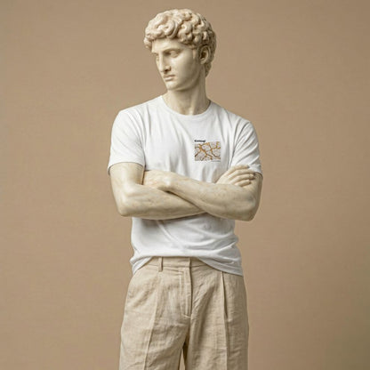 Statue wearing a white t-shirt with a graphic design on a beige background