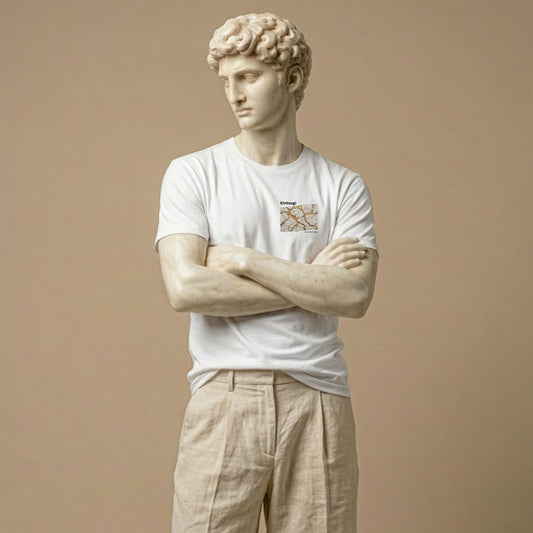 Statue wearing a white t-shirt with a graphic design on a beige background