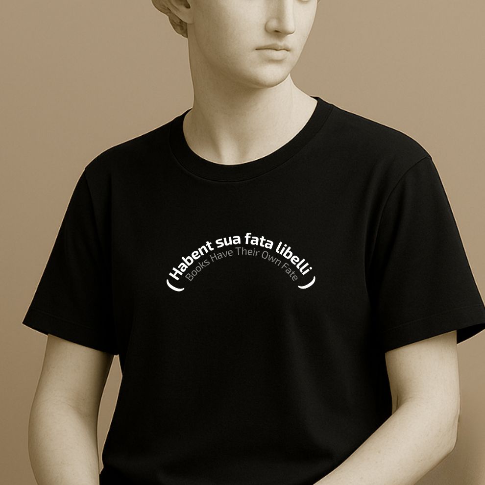 Statue wearing a black t-shirt with white typographic design with latin phrase 'Habent sua fata libelli' and its translation "Books Have Their Own Fate"  on a beige background