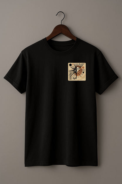 Black t-shirt with a graphic pocket  design with sun-like symbol and text 'Sol lucet omnibus' (The sun shones for all)  on a hanger against a beige background