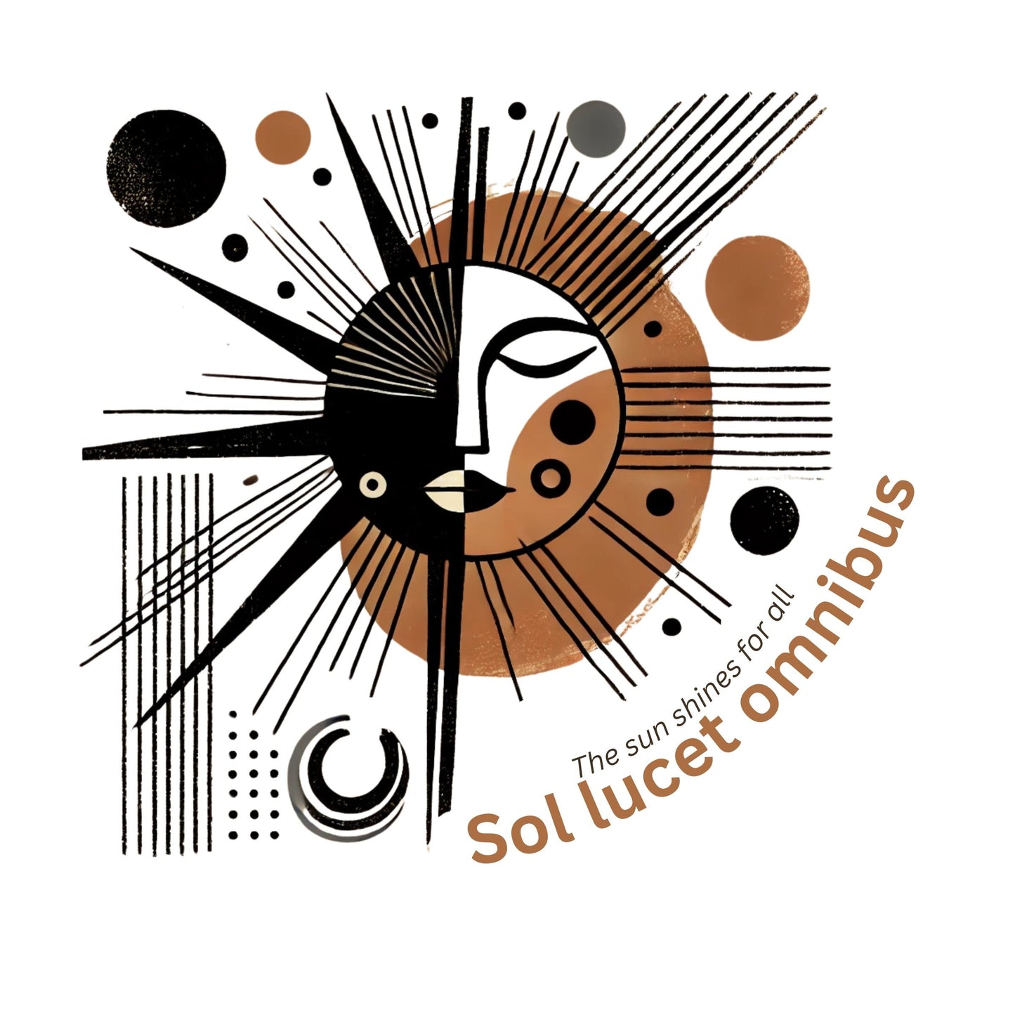Abstract design for T-shirt with sun-like symbol and text 'Sol lucet omnibus' (The sun shones for all) on a white background