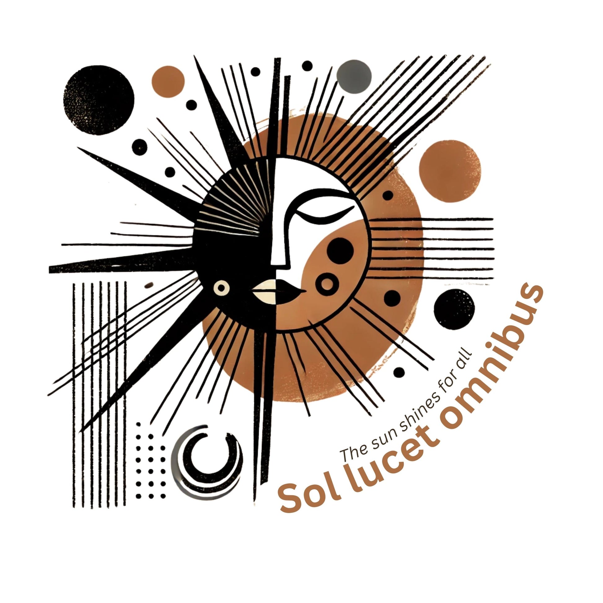 Abstract design for T-shirt with sun-like symbol and text 'Sol lucet omnibus' (The sun shones for all) on a white background