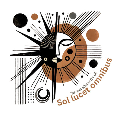 Abstract design for T-shirt with sun-like symbol and text 'Sol lucet omnibus' (The sun shones for all) on a white background