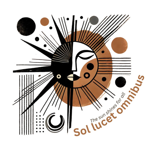 Abstract design for T-shirt with sun-like symbol and text 'Sol lucet omnibus' (The sun shones for all) on a white background