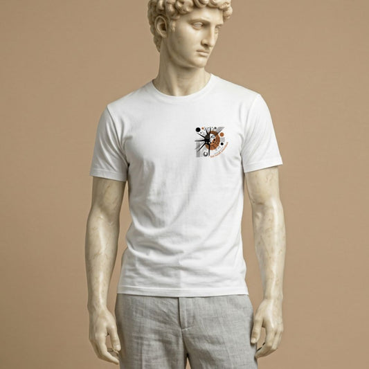 Statue wearing a white t-shirt with a graphic design of sun-like symbol and text 'Sol lucet omnibus' (The sun shones for all)  against a beige background